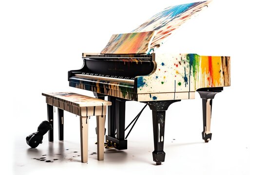 A piano and guitar with music on a white background, topped with paint on the piano. Generative AI