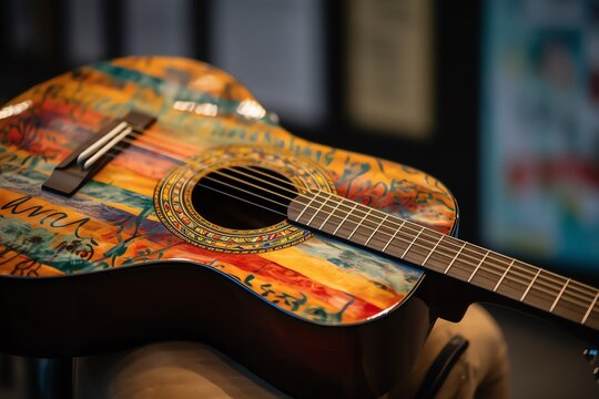 A guitar rests in the background of an image featuring a colorfully painted musical instrument decorated with music notes. Generative AI