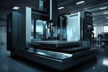 Banner with modern metal processing technology featuring a CNC milling machine for cutting metal. Generative AI