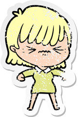 distressed sticker of a annoyed cartoon girl