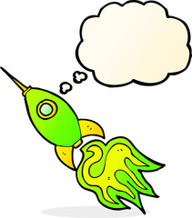 cartoon space rocket with thought bubble