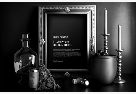Cozy Home Decor: Shelf With Candles, Candle Holder, And Plant, Enhanced With Lit Candle And Picture Frame On Wall Frame Mockup Template Generative AI