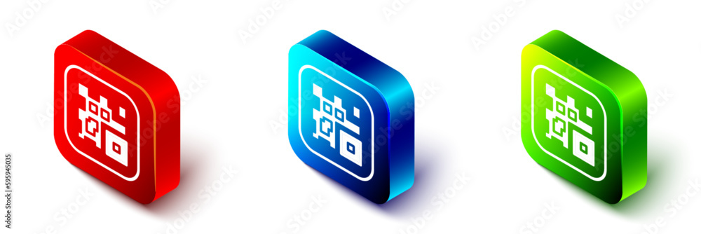 Poster isometric qr code sample for smartphone scanning icon isolated on white background. red, blue and gr