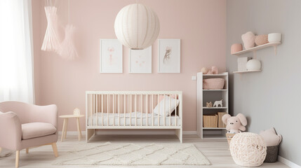 Fototapeta na wymiar modern minimalist nursery room style. Baby room interior in light colours, generative AI