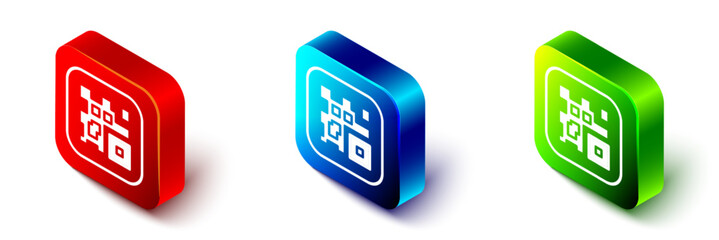 Isometric QR code sample for smartphone scanning icon isolated on white background. Red, blue and green square button. Vector