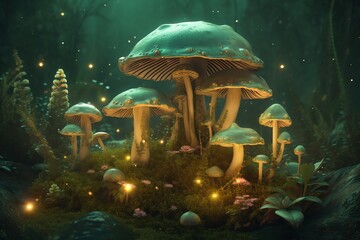 Fototapeta na wymiar Magical green fairytale, digitally illustrated with 3D mushrooms. Generative AI