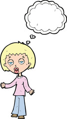 cartoon tired woman with thought bubble