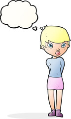 cartoon shy woman with thought bubble