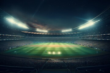 Nighttime stadium backdrop featuring football and cricket with blurred 3D lighting. Generative AI