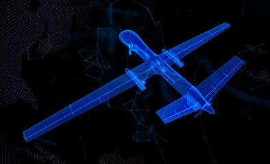 Military Aircraft unmanned military drone 3d polygonal line. Digatal drone from dots and lines and connected to 3d form. Digital visualization aviation air force technology