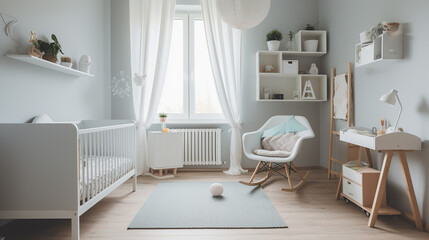 Fototapeta premium modern minimalist nursery room style. Baby room interior in light colours, generative AI