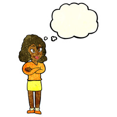 cartoon woman with crossed arms with thought bubble
