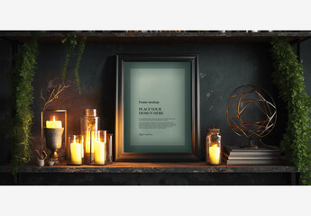 Charming Home Decor: Rustic Shelf With Candles, Picture Frame, Candle Holders And Greenery - Perfect For Cozy Ambiance And Stylish Interiors Frame Mockup Template Generative AI