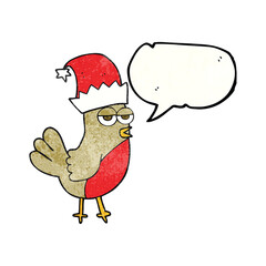 freehand speech bubble textured cartoon robin in christmas hat