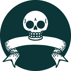 tattoo style icon with banner of a skull