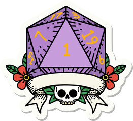 sticker of a natural one d20 dice roll