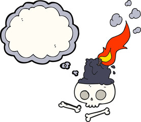freehand drawn thought bubble cartoon burning candle on skull