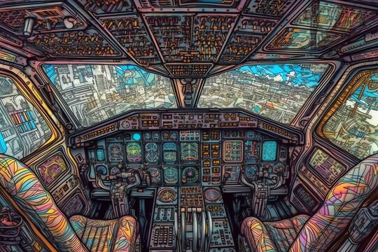 Neural network art depicts the view from the airplane cockpit during intergalactic travel or a spaceship battle. Generative AI