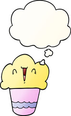 cartoon cupcake with face with thought bubble in smooth gradient style