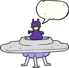 freehand drawn comic book speech bubble cartoon alien in flying saucer
