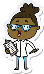 sticker of a cartoon happy woman wearing spectacles