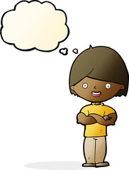 cartoon man with crossed arms with thought bubble