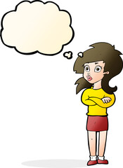 cartoon woman with folded arms with thought bubble