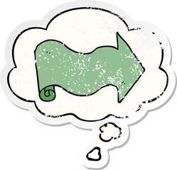cartoon arrow with thought bubble as a distressed worn sticker