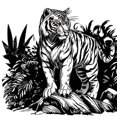 Colored vector  inked style tiger wall art