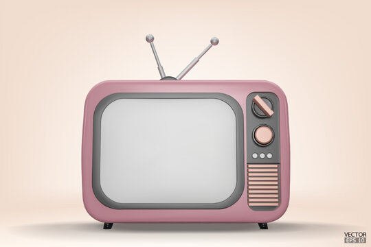 3D render pink Vintage Television Cartoon style isolate on background. Minimal Retro TV. Pink analog TV.  Old TV set with antenna. 3d vector illustration.