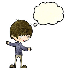 cartoon boy with outstretched arms with thought bubble