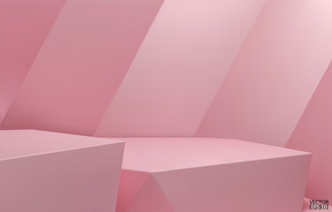 Fototapeta premium 3D geometric 2 step podium. Pink hexagon cube, Square podium in pink background. Concept scene stage showcase, product, promotion sale, banner, presentation, cosmetic. 3D vector illustration.