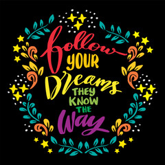 Follow your dreams they know the way, hand lettering. Poster quotes.