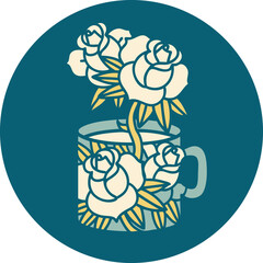 iconic tattoo style image of a cup and flowers