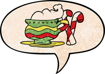 cartoon christmas cocoa with candy canes with speech bubble in retro texture style
