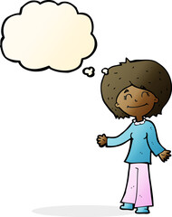 cartoon happy woman with thought bubble