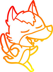 warm gradient line drawing of a cartoon running wolf laughing