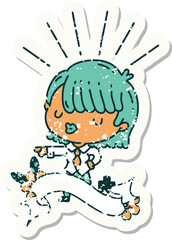 worn old sticker of a tattoo style businesswoman pointing