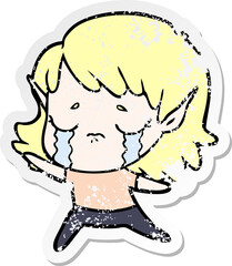 distressed sticker of a cartoon crying elf girl