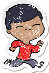 distressed sticker of a cartoon smiling boy running