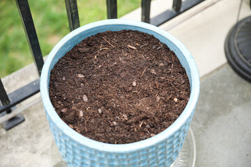 A flower pot with dirt symbolizes growth, potential, and nurturing. It represents the beginning stages of a plant's life and the care needed for it to thrive
