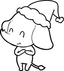 cute hand drawn line drawing of an elephant wearing santa hat