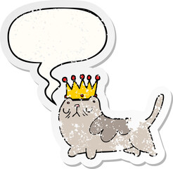 cartoon arrogant cat with speech bubble distressed distressed old sticker
