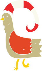flat color style cartoon chicken in funny christmas hat