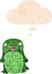 cartoon penguin with thought bubble in grunge distressed retro textured style