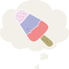cartoon ice lolly with thought bubble in retro style