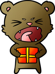 angry cartoon bear with present