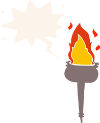 cartoon flaming chalice with speech bubble in retro style