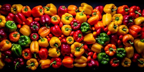 Fototapeta na wymiar Top down view of fresh bell peppers with waterdrops. AI Generative Art.