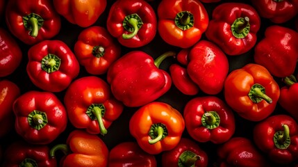 Top down view of fresh bell peppers with waterdrops. AI Generative Art.